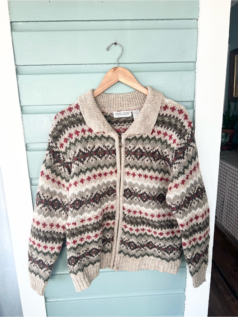 Vintage grannycore knit sweater zip up Nordic print grandma fall winter size XL